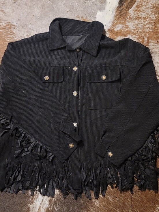 Jackets & Blazers - Woman's Plus Size Black Corduroy Fringe Button-Up Jacket